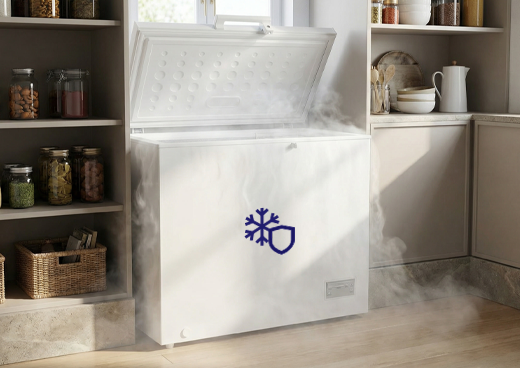 Otwarta zamrażarka skrzyniowa 200-SK-16/D pomiędzy regałami. Wylewa się z niej para. Ikona płatka śniegu i tarczy.