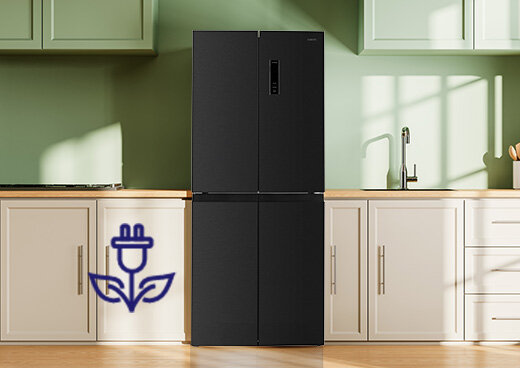 Lodówka MPM-434-SBF-15/D w zabudowie kuchennej z ikoną zasilacza i liści.