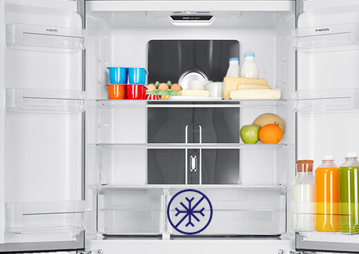 Wnętrze lodówki MPM-434-SBF-15/D wypełnione żywnością.