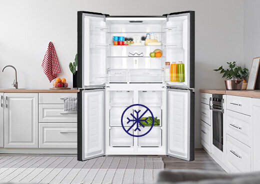 Otwarta lodówka. Symbol przekreślonego płatka śniegu.