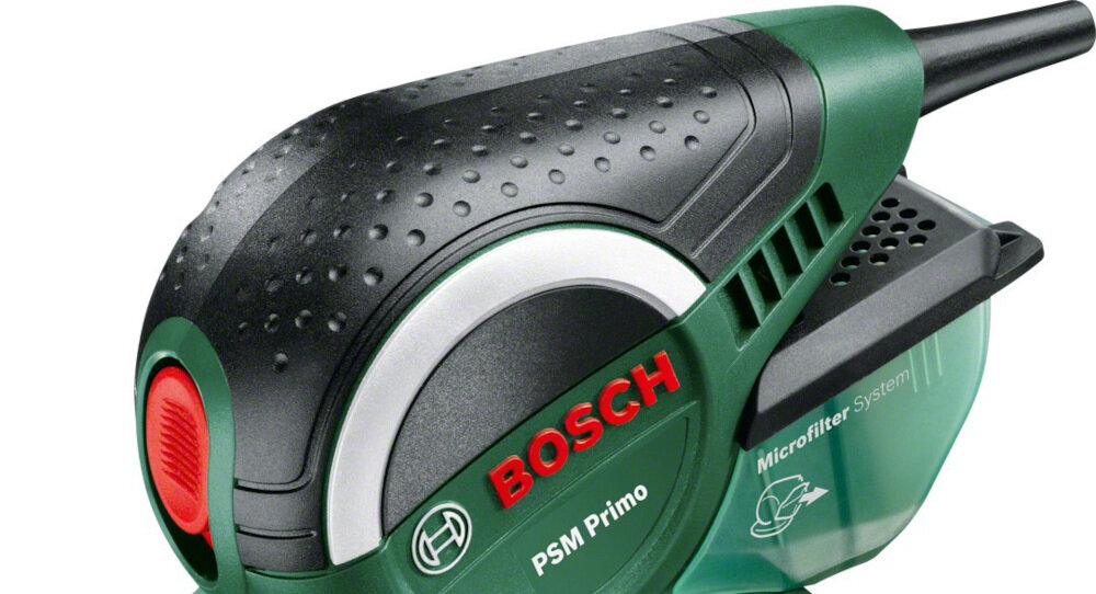 Szlifierka uniwersalna BOSCH PSM Primo mikrorzepy szybka i łatwa wymiana papieru ściernego system mikrofiltracji z przyłączem do odkurzacza rękojeść typu Softgrip miękka okładzina z bocznymi wgłębieniami wygodny chwyt komfortowe prowadzenie