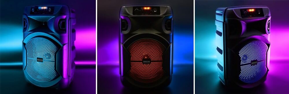 Głośnik mobilny SQUEAK SQ1006 Radio FM - glosnik na kolorowym tle w roznych sceneriach, dźwięk wysoka jakość brzmienie łączność połączenie ładowanie wizualne aplikacja 