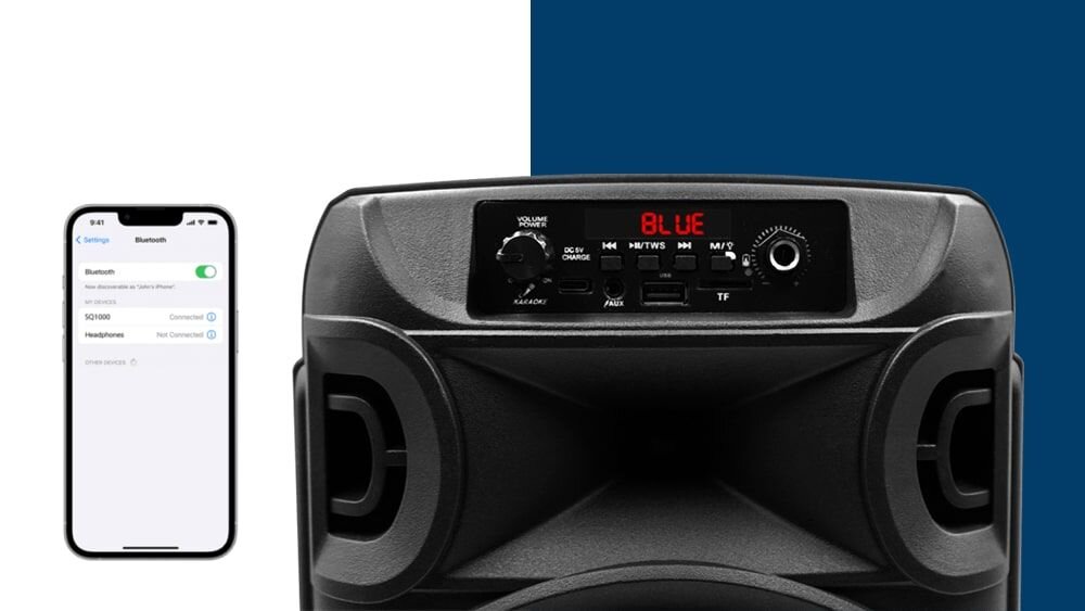 Głośnik mobilny SQUEAK SQ1006 Radio FM - glosnik ze smartfonem na bialo-niebieskim tle, bluetooth przesyl, bezprzewodowy, powietrze, pulsetower