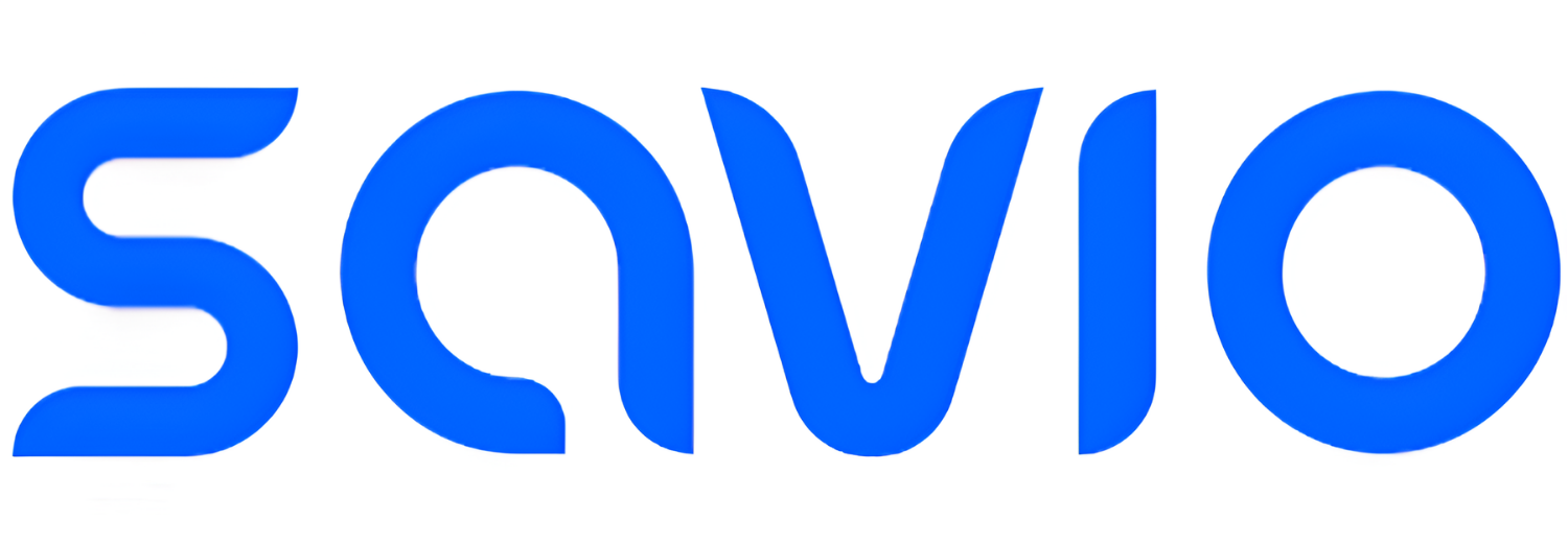 Logo z napisem \'Savio\' w niebieskim kolorze.