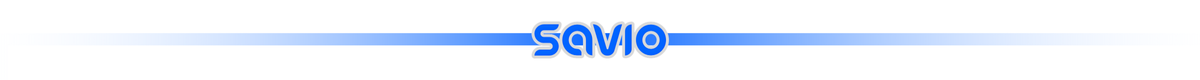 Logo z napisem \'SAVIO\' na tle z niebieskim gradientem.