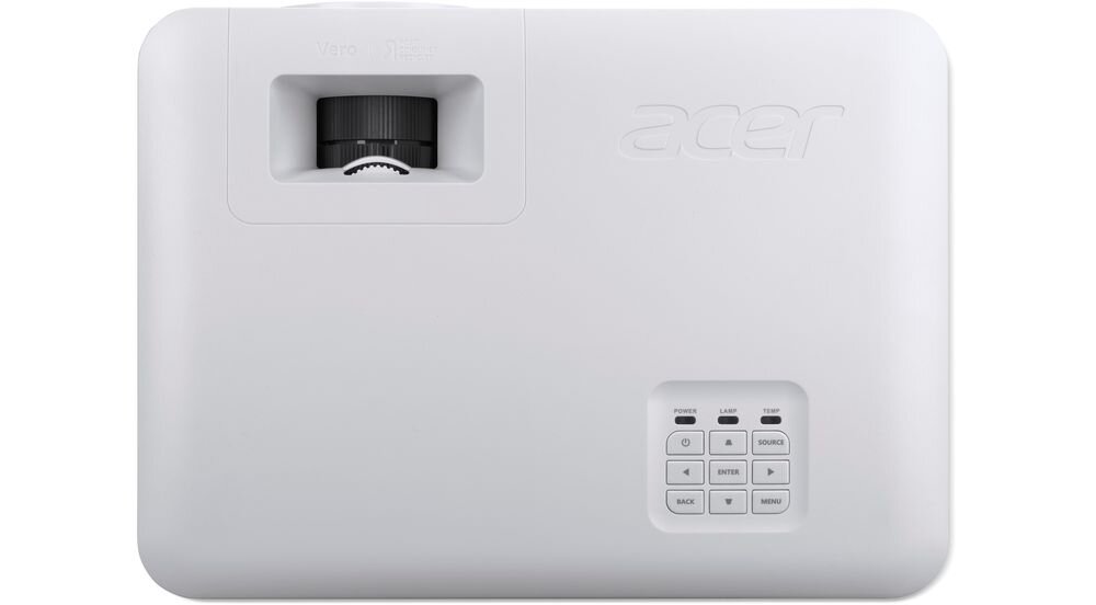 Biały projektor z widocznym logo \'acer\' oraz panelem sterowania z przyciskami oznaczonymi m.in. \'POWER\', \'MENU\', \'BACK\'.