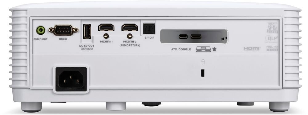 Tył projektora z widocznymi portami: AUDIO OUT, RS232, DC 5V OUT (SERVICE), HDMI 1, HDMI 2 (AUDIO RETURN), S/PDIF, oraz miejsce na ATV DONGLE. Obok znajduje się logo DLP i napis HDMI, a także oznaczenie modelu HL6510ATV.