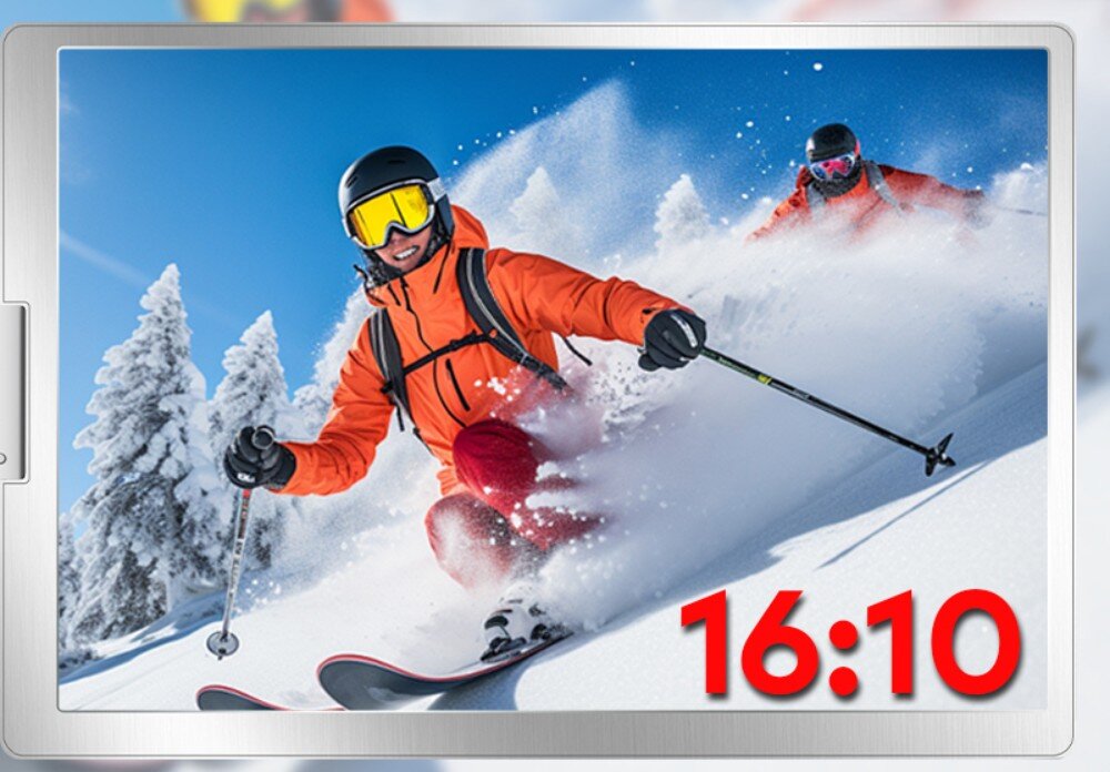 Monitor EXTRALINK Smart Life S880 Zbliżenie na ekran prezentujący zdjęcie narciarzy jadących przez śnieg. W prawym dolnym rogu znajduje się oznaczenie proporcji obrazu 16:10, parametry, rozdzielczość, przekątna