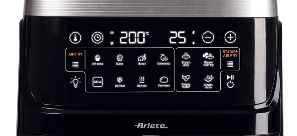 Panel sterowania frytkownicy beztłuszczowej z wyświetlaczem pokazującym temperaturę 200°C i czas 25 minut. Widoczne są ikony różnych trybów gotowania, takich jak Air Fry, Bake, Roast, Dehydrate, oraz logo \'Ariete\'.