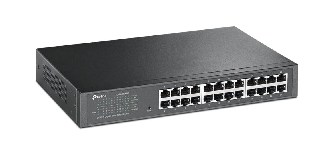 Przełącznik TP-Link Omada z portami Gigabit Ethernet prezentuje panel złączy sieciowych na stanowisku administracyjnym w biurze.