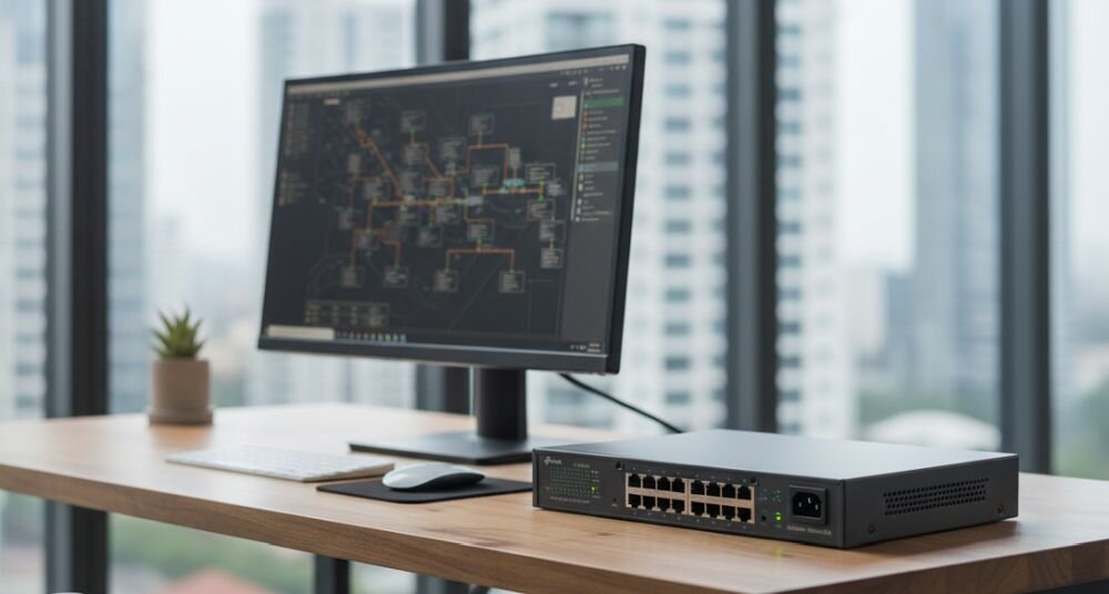 Przełącznik TP-Link Omada Gigabit Ethernet stoi na biurku podczas konfiguracji sieci w biurze. 