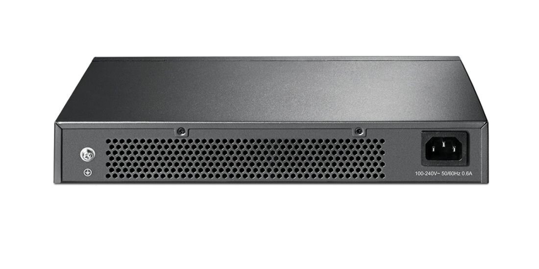 Przełącznik TP-Link Omada pokazuje tylny panel z gniazdem zasilania i otworami wentylacyjnymi na jasnym tle