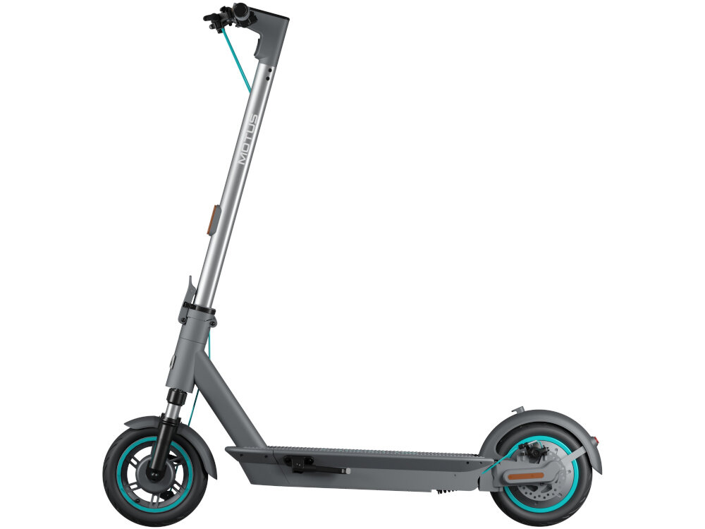 Hulajnoga elektryczna MOTUS Scooty 10 Plus Gen 6 65km 500W Amortyzacja 10 cali Szary hulajnoga widoczna z boku zdjęcie na białym tle 10-calowe koła dętkowe o niskim oporze toczenia duża przyczepność płynna i oszczędna jazda absorbują wstrząsy i nierówności terenu stabilna i wygodna jazda duża elastyczność podczas jazdy