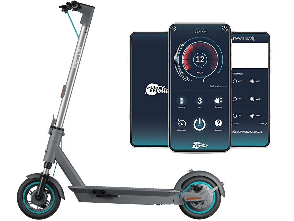 Hulajnoga elektryczna MOTUS Scooty 10 Plus Gen 6 65km 500W Amortyzacja 10 cali Szary hulajnoga widoczna z boku obok telefon w trzech ujęcia z włączoną aplikacją zdjęcie na białym tle wbudowany moduł Bluetooth aplikacja mobilna Motus monitorowanie historii swoich przejazdów sprawdzanie informacji funkcja nawigacji monitorowanie trasy ustawienie tempomatu włączenia/wyłączenia świateł wyłączenie sprzęt po skończonej podróży na systemy Android i iOS