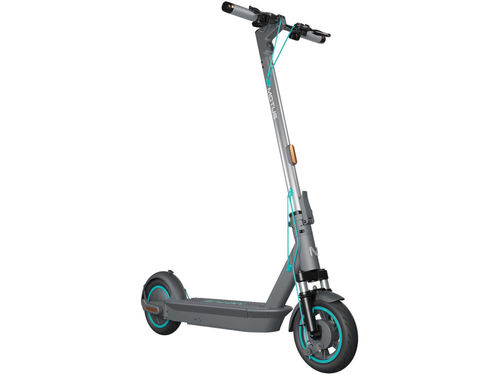 Hulajnoga elektryczna MOTUS Scooty 10 Plus Gen 6 65km 500W Amortyzacja 10 cali Szary hulajnoga widoczna od przodu pod skosem zdjęcie na białym tle certyfikat IPX4 bezpieczne podróżowanie w różnych warunkach atmosferycznych odporność na wodę nie można jej zanurzać bezpośrednio w wodzie 
