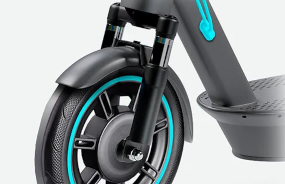 Hulajnoga elektryczna MOTUS Scooty 10 Plus Gen 6 65km 500W Amortyzacja 10 cali Szary zbliżenie na przedni amortyzator podwójny system zawieszenia przednie i tylne koło jest amortyzowane profesjonalny system zawieszenia skutecznie tłumi wstrząsy wygodne podróżowanie