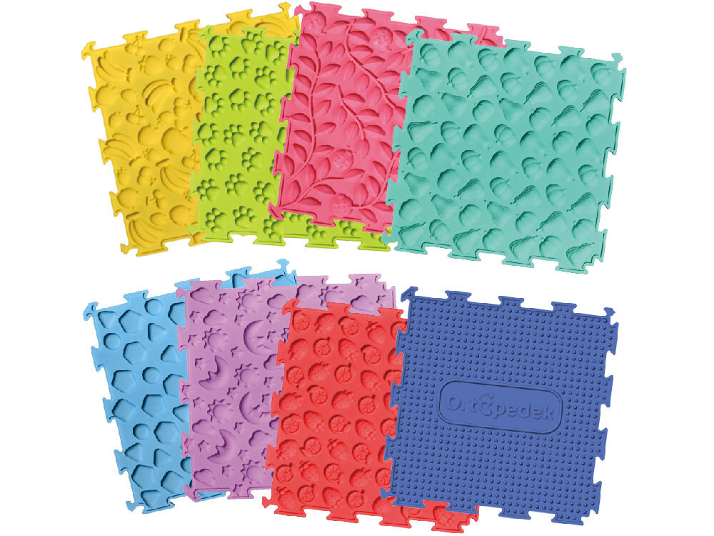 Mata sensoryczna ORTOPEDEK 128931 24.5 x 24.5 cm (6 elementów) Zbiorcza prezentacja elementów zestawu Ortopedek: kwadratowe i trójkątne puzzle sensoryczne w pastelowych odcieniach. Widoczne różnorodne tekstury, w tym kaktusy, warzywa, wypustki masujące oraz wzory stóp.