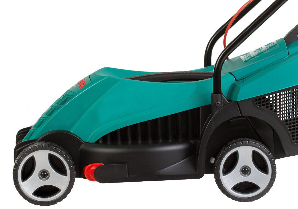 Kosiarka elektryczna BOSCH ARM 32 1200W silnik POWERRIVE moc 1200 W wysokiej jakości szerokość koszenia 32 cm koła o sporych gabarytach zmniejszają opory toczenia