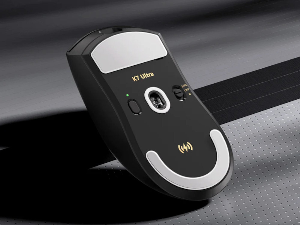 MCHOSE K7 Ultra  powłoka przypominająca szkło Ślizgacze 100% PTFE - Czarna myszka bezprzewodowa od spodu, widoczne ślizgacze i przełączniki