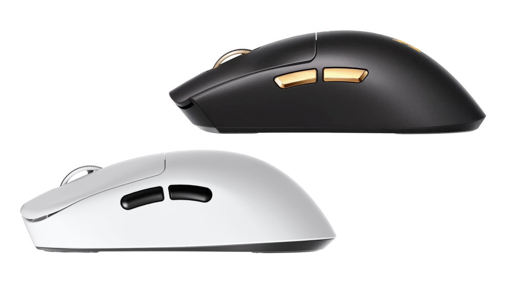 MCHOSE K7 Ultra dwóch wersjach kolorystycznych: czarnej oraz białej stylowo i estetycznie - Dwie myszki komputerowe, czarna i biała, pokazane z boku dla porównania
