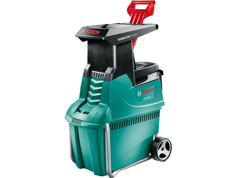 Rozdrabniacz do gałęzi BOSCH AXT 25 TC elektryczny do rozdrabniania ogrodowych odpadów ergonomiczne rozwiązanie waga 30,3 kg kółka mechanizm tnący odpowiednio zabezpieczony przed ewentualnością wypadku odizolowany