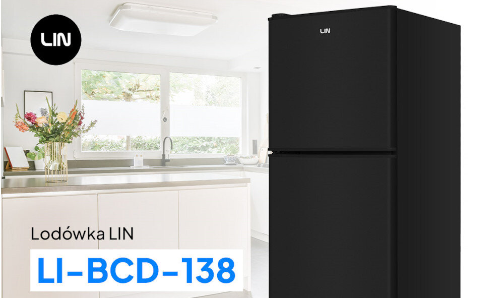 LODÓWKA LIN LI-BCD-138 CZARNA lifestyle kuchnia lodówka bok zamknięta kolor czarny górna zamrażarka