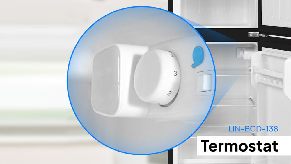 LODÓWKA LIN LI-BCD-138 CZARNA zbliżenie wnętrze lodówki termostat pokrętło regulacja temperatury ustawienia świeże produkty