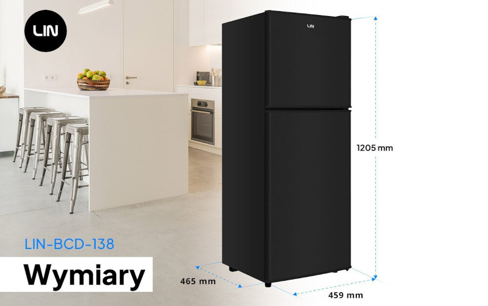 LODÓWKA LIN LI-BCD-138 CZARNA lifestyle kuchnia front zamknięte drzwi kolor czarny wymiary pojemność 72 l wnętrze półki pojemnik na jajka podział chłodzenie mrożenie