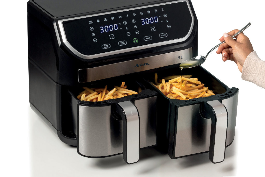 Air Fryer Frytkownica beztłuszczowa ARIETE 4625/00 z podwójnym koszem Beztłuszczowe Smażenie potrawy technologia gorącego powietrza łyżka oleju funkcja MAX CRISP