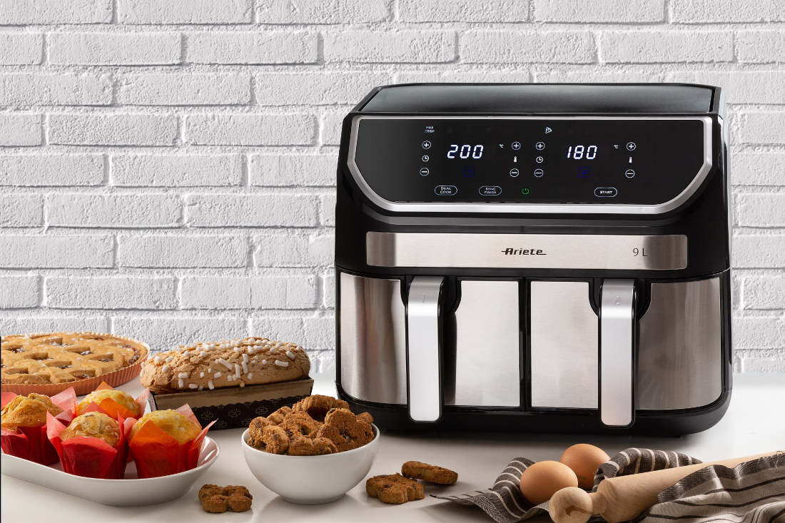 Air Fryer Frytkownica beztłuszczowa ARIETE 4625/00 z podwójnym koszem Podwójne kosze pojemność dwa różne dania jednocześnie dostosowanie Funkcja synchronizacji potrawy