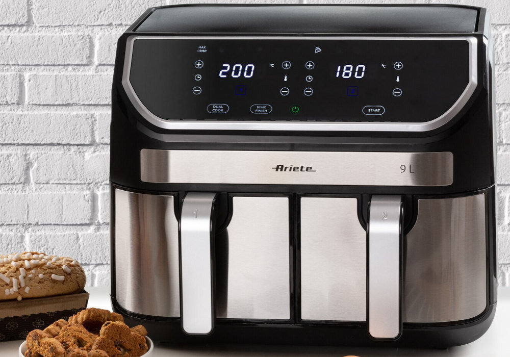 Air Fryer Frytkownica beztłuszczowa ARIETE 4625/00 z podwójnym koszem 8 programów temperatura zakres timer proces smażenie automatyczne zakończenie preferencje