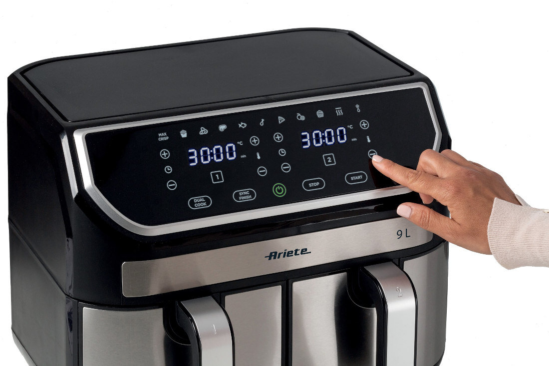Air Fryer Frytkownica beztłuszczowa ARIETE 4625/00 z podwójnym koszem Łatwe czyszczenie nieprzywierająca powłoka powierzchnia Wyjmowane elementy higiena  Wygoda dotykowy panel sterujący metalowy front