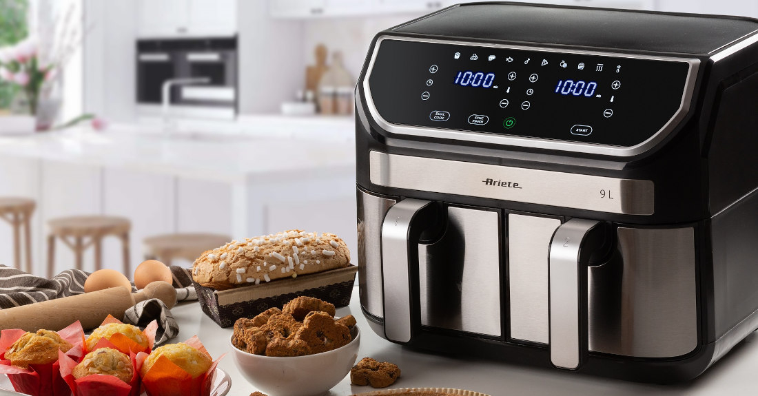 Air Fryer Frytkownica beztłuszczowa ARIETE 4625/00 z podwójnym koszem Duża moc wydajność koszyk pojemność porcje jedzenie