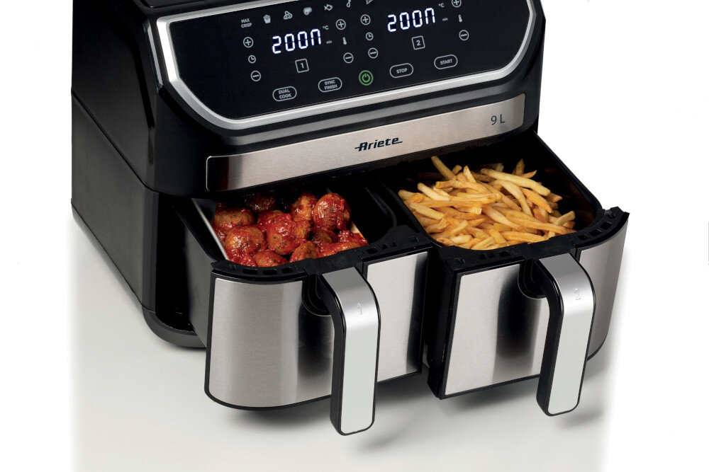 Air Fryer Frytkownica beztłuszczowa ARIETE 4625/00 z podwójnym koszem Wygodne użytkowanie wymiary długość szerokość wysokość potrawy