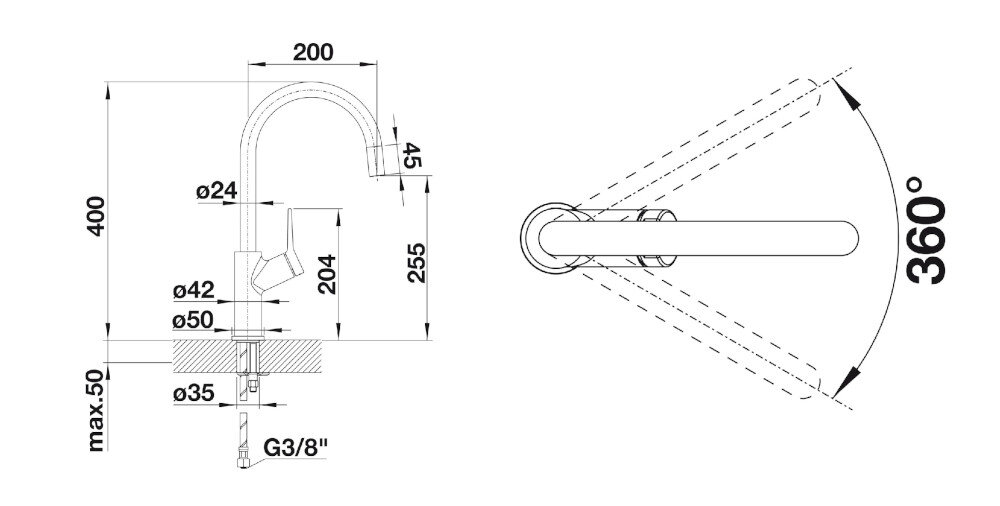 Bateria BLANCO Carena 520766 Chrom zdjęcie techniczne wymiary Wysokość korpusu wylewki Zasięg