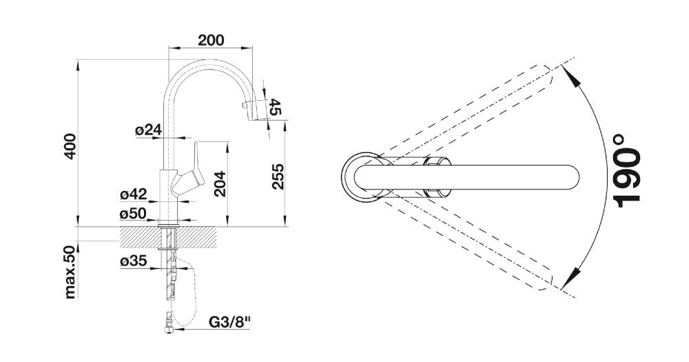 Bateria BLANCO Carena-S 520767 Chrom zdjęcie techniczne wymiary Wysokość korpusu wylewki Zasięg