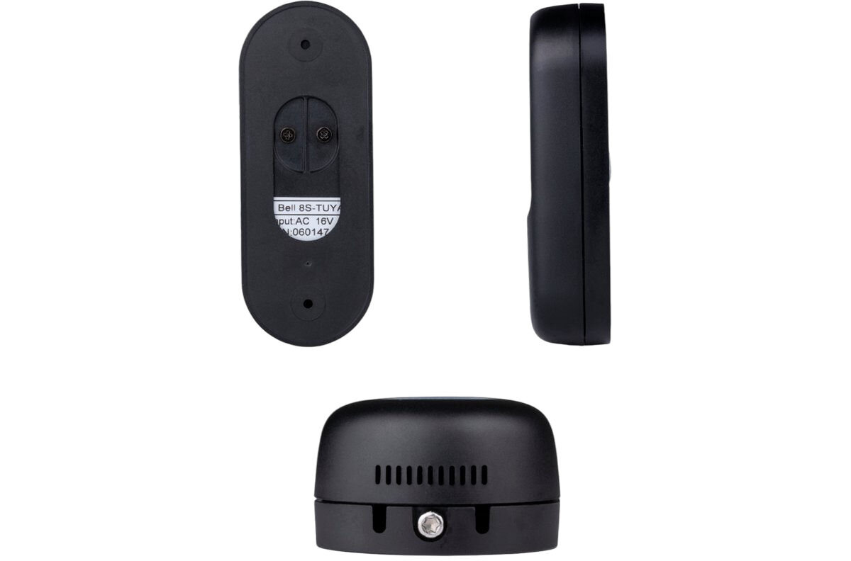 Wideodomofon ALPINA 6468 Bezprzewodowy Wi-Fi, detale, wbudowany, noktowizja, kąt, na białym tle wideodomofon z 3 stron - od góry, od boku i od tyłu