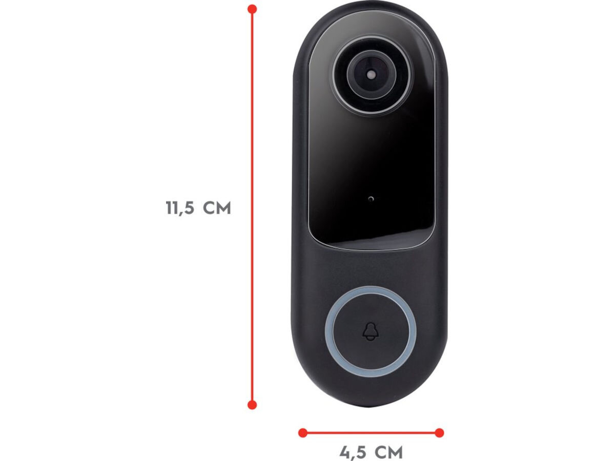 Wideodomofon ALPINA 6468 Bezprzewodowy Wi-Fi, pojemność, akumulatory, ładowanie, przewody, na białym tle Wideodomofon frontem na wprost z podaniem wymiarów
