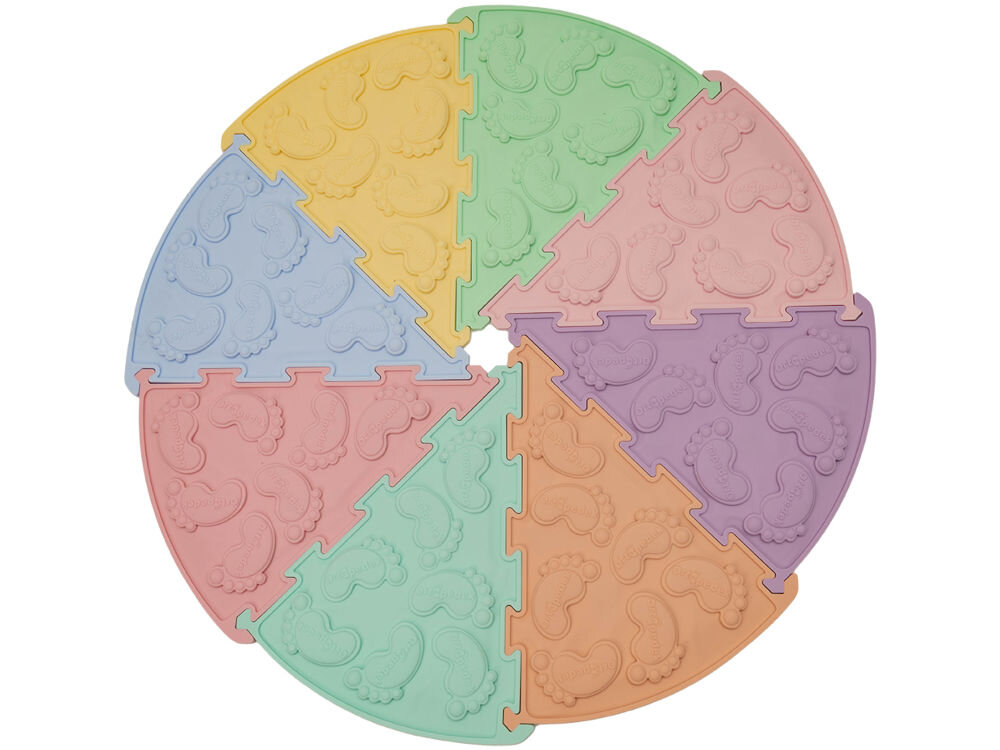 Mata sensoryczna ORTOPEDEK Zestaw mat 910152 (16 elementów) Kolorowe puzzle sensoryczne Ortopedek ułożone w kształt koła na białym tle. Każdy element w pastelowym kolorze posiada wypukły wzór śladów stóp, wspierający terapię integracji sensorycznej.