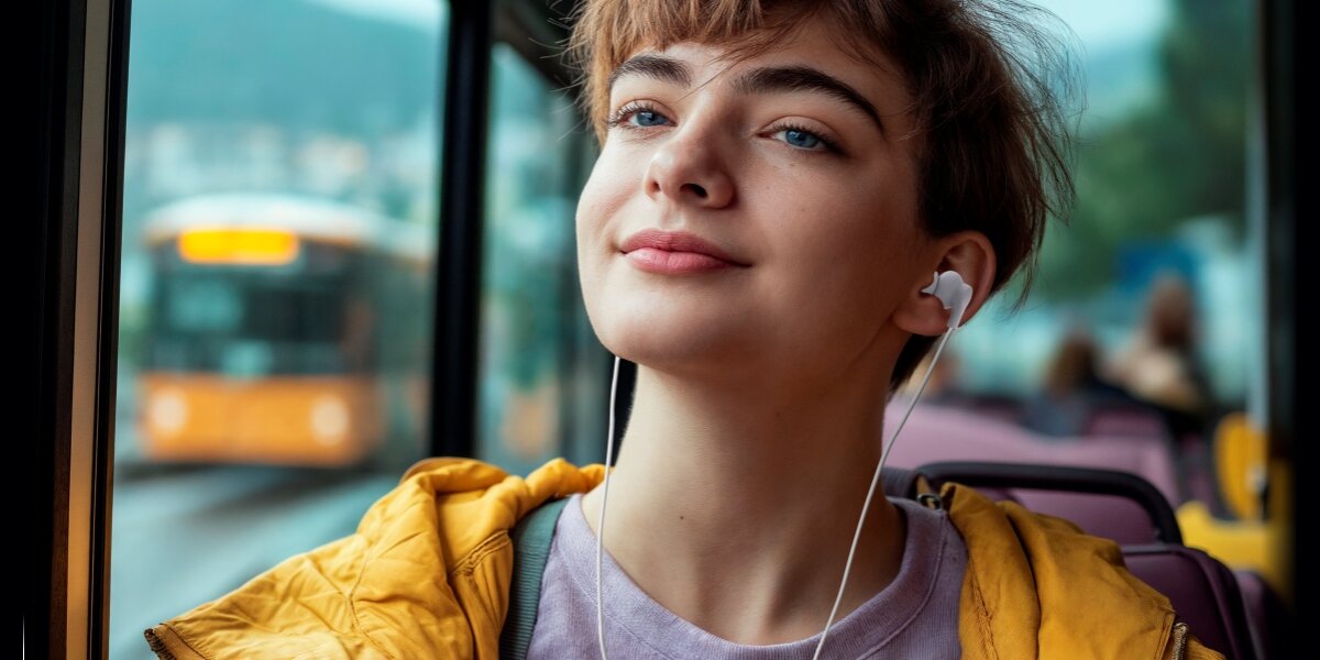 Słuchawki dokanałowe HAMA Curly Biały Młoda kobieta w żółtej kurtce podróżuje autobusem, słuchając muzyki przez słuchawki douszne Hama z kablem.