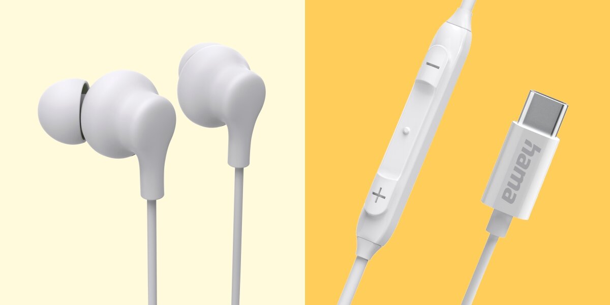 Słuchawki dokanałowe HAMA Curly Biały Słuchawki przewodowe USB-C Hama prezentujące pilot na kablu z przyciskami regulacji głośności oraz mikrofonem.