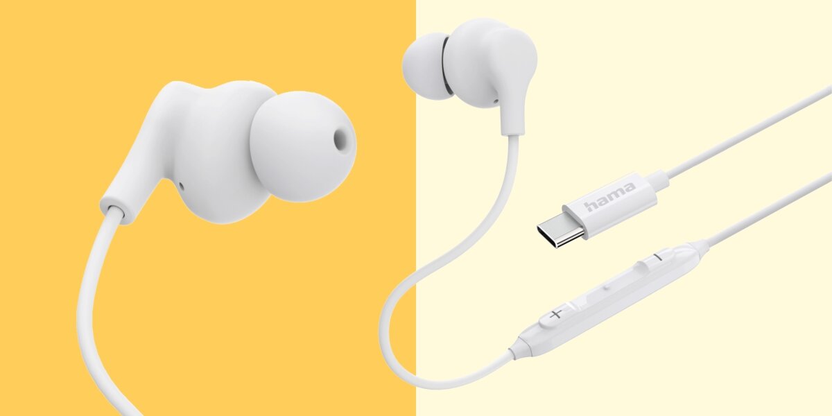 Słuchawki dokanałowe HAMA Curly Biały Kompletny zestaw słuchawkowy Hama z wtyczką USB-C, ergonomicznymi gumkami dokanałowymi i pilotem sterującym.