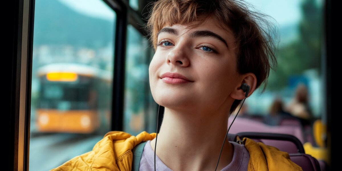 Słuchawki dokanałowe HAMA Curly Czarny Młoda kobieta w żółtej kurtce podróżuje autobusem, słuchając muzyki przez czarne słuchawki douszne Hama z kablem.