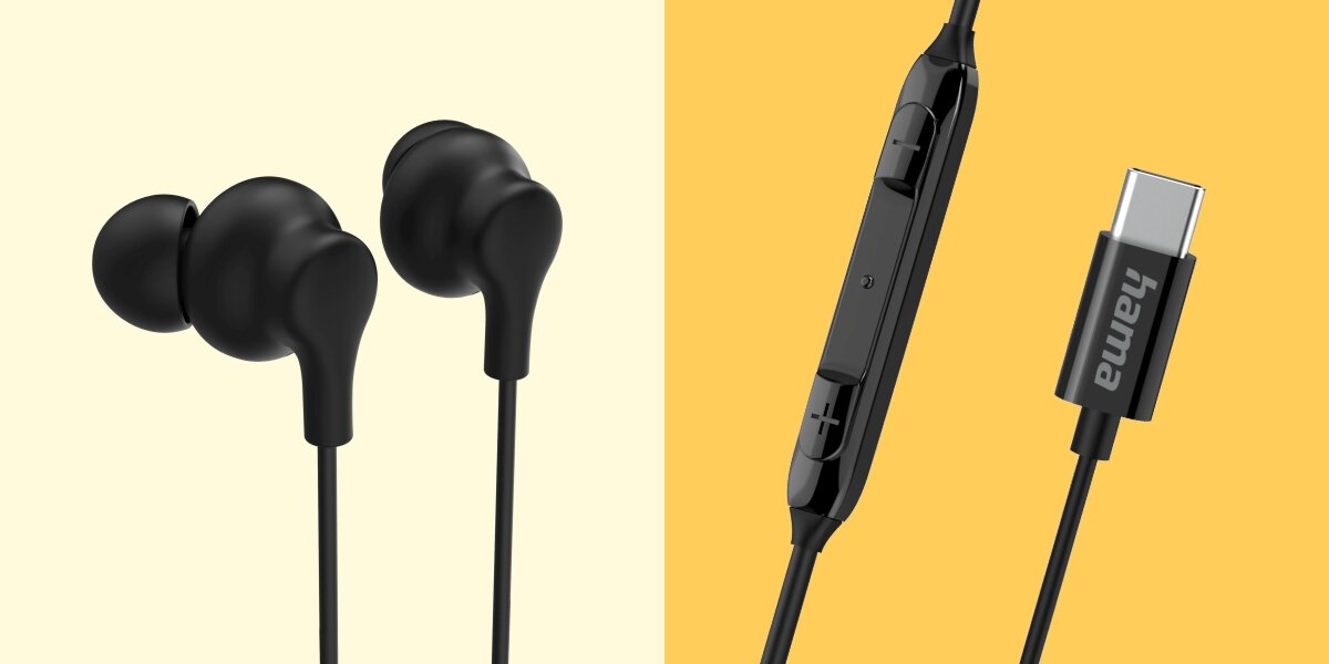 Słuchawki dokanałowe HAMA Curly Czarny Słuchawki przewodowe USB-C Hama prezentujące pilot na kablu z przyciskami regulacji głośności oraz mikrofonem.