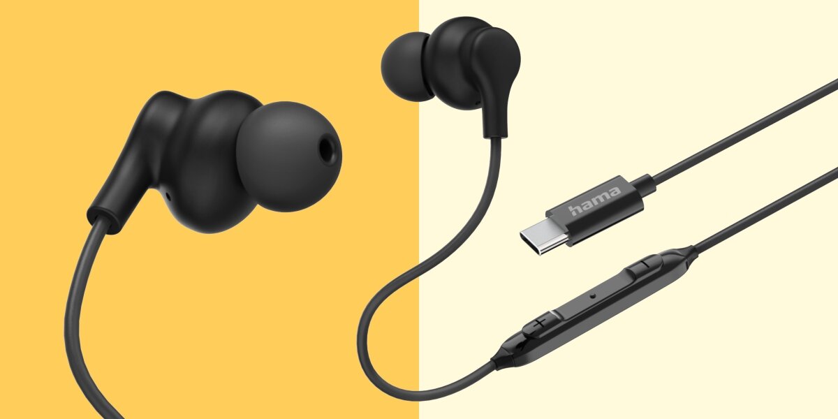 Słuchawki dokanałowe HAMA Curly Czarny Kompletny zestaw słuchawkowy Hama z wtyczką USB-C, ergonomicznymi gumkami dokanałowymi i pilotem sterującym.