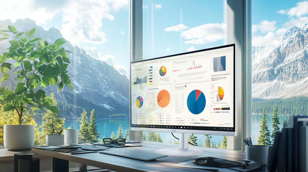 Monitor ACER SA273P1WMIX 27 cali 1920x1080px IPS 144Hz 1 ms [VRB] monitor pod kątem na biurku w tle górski krajobraz za oknem