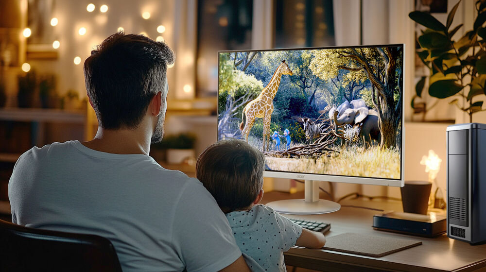 Monitor ACER SA273P1WMIX 27 cali 1920x1080px IPS 144Hz 1 ms [VRB] mężczyzna z dzieckiem oglądający zwierzęta na monitorze Full HD szybka reakcja wyraźny i płynny obraz przekątna 27 cali