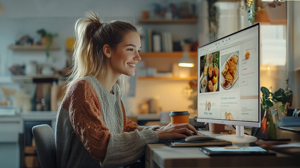 Monitor ACER SA273P1WMIX 27 cali 1920x1080px IPS 144Hz 1 ms [VRB] prezentacja monitora podczas korzystania przez kobietę w pokoju Acer BlueLightShield™ redukcja emisji szkodliwego niebieskiego światła ochrona wzroku