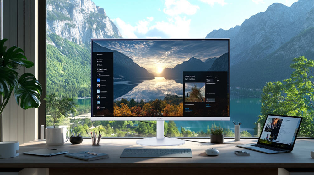 Monitor ACER SA273P1WMIX 27 cali 1920x1080px IPS 144Hz 1 ms [VRB] prezentacja monitora od przodu z włączonym Acer Display Widget w tle górski widok za oknem regulacja parametrów obrazu bezpośrednio z komputera dopasowanie do potrzeb