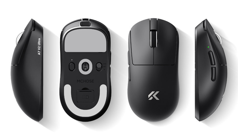 Mysz MCHOSE A7 V2 Pro A7 V2 Pro sensora PAW3395 26 000 DPI Wysoka responsywność Chipset Realtek - myszka od boku, spodu, góry i drugiego boku na białym tle